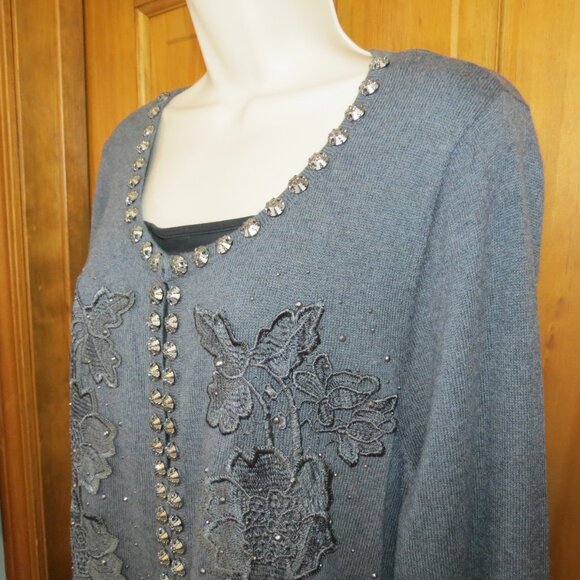 NWT Lauren Michelle Grey Cardigan Sweater Embroidered Bling Wool Blend XL - Picture 3 of 11